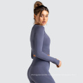 Fitness Yoga Outfit Seamless Spandex Crop Long Sleeve Yoga Set High Waist Casual Plain Sportswear With Thumbhole